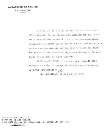 Documento Difusión cursos de verano para Extranjeros Santander, 1939.