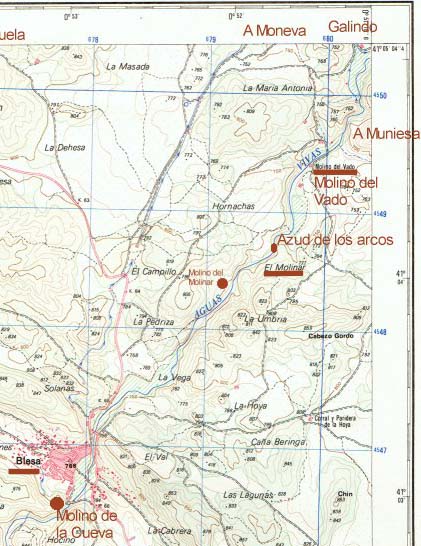 Plano de la situación de los molinos más próximos a Blesa (Teruel)