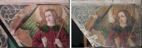 Tabla gótica del Museo de Zaragoza tras y antes de la restauración.
