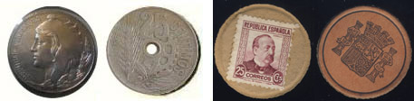 Arriba moneda y sellos-moneda emitidos durante la guerra civil de 1936, por la República. Abajo los emitidos antes de la guerra.