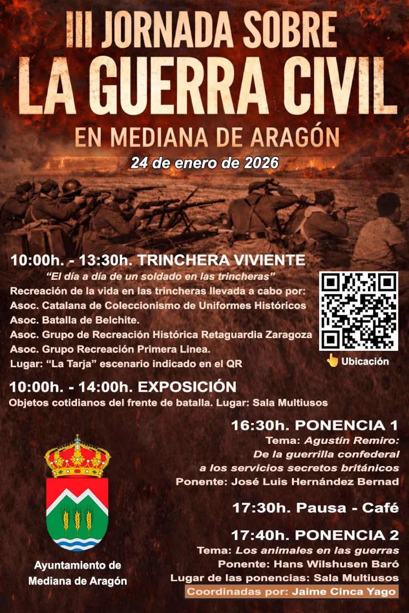 Cartel de la III jornada sobre la guerra civil en Mediana de Aragón, 26 de enero de 2026.