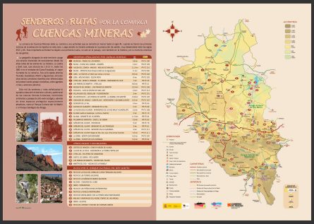 Imagen del cartel que hay en numerosos municipios de la comarca de Cuencas Mineras con los senderos y rutas más comunes, realizado por PRAMES